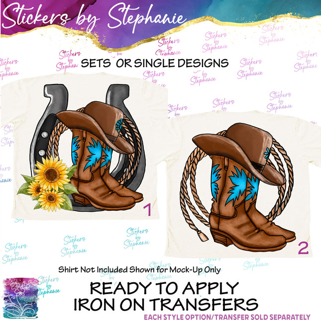 (s02-105) Cowboy Boots Horseshoe Rope Graphic Iron-On Transfer