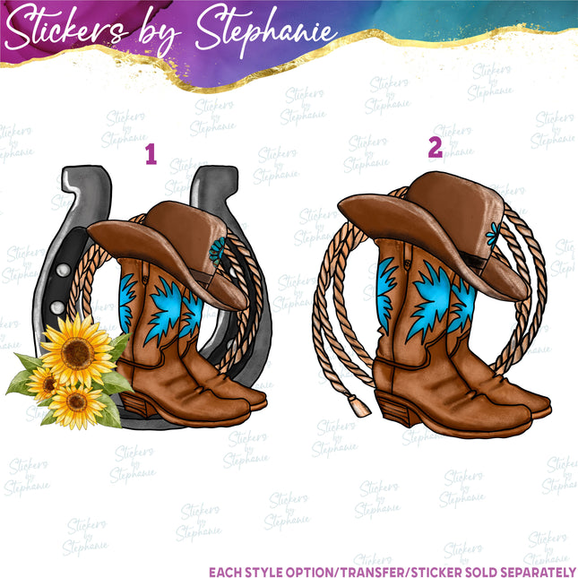 (s02-105) Cowboy Boots Horseshoe Rope Graphic Iron-On Transfer