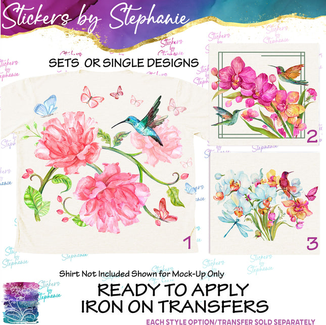 (s02-106) Flowers Orchids Hummingbird Dragonfly Graphic Iron-On Transfer