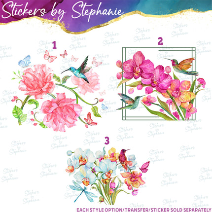(s02-106) Flowers Orchids Hummingbird Dragonfly Graphic Iron-On Transfer or Sticker