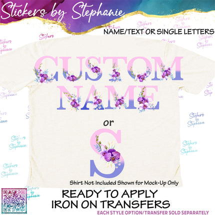 (s11-055) Pink Purple Orchid Letters Graphic Iron-On Transfer or Sticker