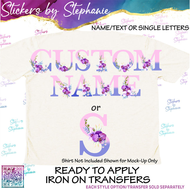 (s11-055) Pink Purple Orchid Letters Graphic Iron-On Transfer or Sticker