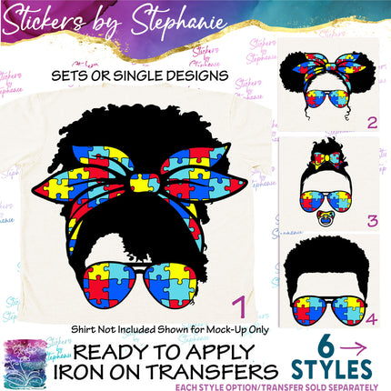 (s02-011) Messy Bun AfricanAmerican Autism Puzzle Print Sunglasses Graphic Iron-On Transfer or Sticker