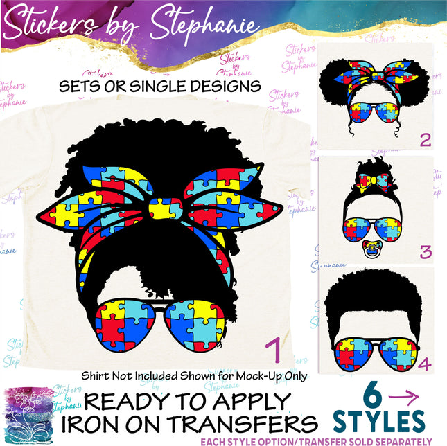 (s02-011) Messy Bun African-American Autism Puzzle Print Sunglasses Graphic Iron-On Transfer