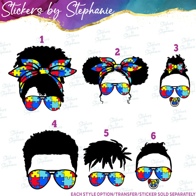 (s02-011) Messy Bun African-American Autism Puzzle Print Sunglasses Graphic Iron-On Transfer