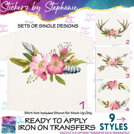 (s02-111) Pink Rose Roses Arrow Antlers Graphic Iron-On Transfer or Sticker