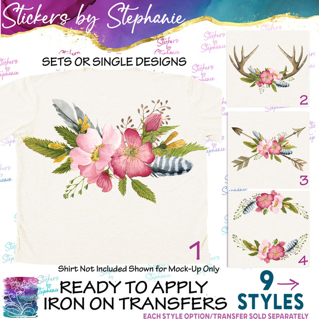 (s02-111) Pink Rose Roses Arrow Antlers Graphic Iron-On Transfer