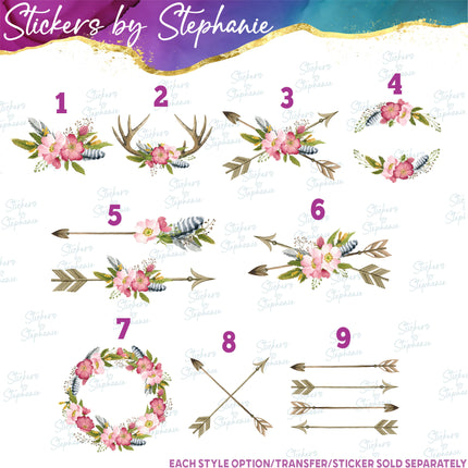 (s02-111) Pink Rose Roses Arrow Antlers Graphic Iron-On Transfer or Sticker