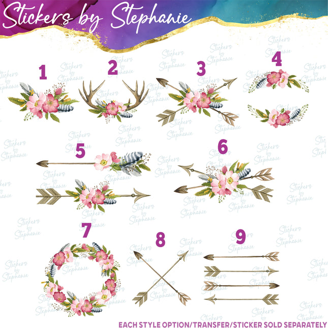 (s02-111) Pink Rose Roses Arrow Antlers Graphic Iron-On Transfer