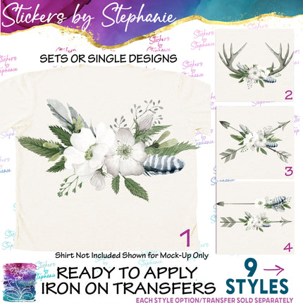 (s02-112) White Roses Cow Skull Arrow Graphic Iron-On Transfer or Sticker