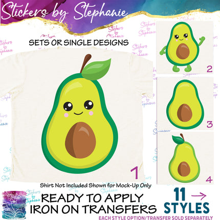 (s02-118) Kawaii Avocado Illustrated Graphic Iron-On Transfer or Sticker