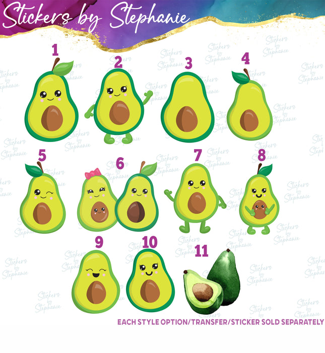 (s02-118) Kawaii Avocado Illustrated Graphic Iron-On Transfer or Sticker