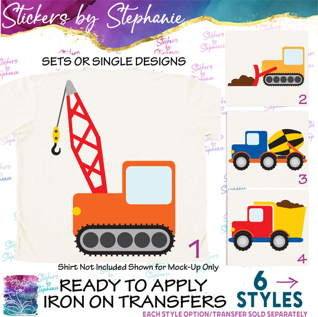 (s02-119) Colorful Construction Vehicles Graphic Iron-On Transfer or Sticker