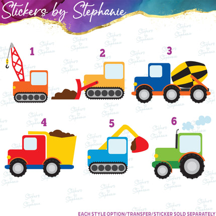 (s02-119) Colorful Construction Vehicles Graphic Iron-On Transfer or Sticker