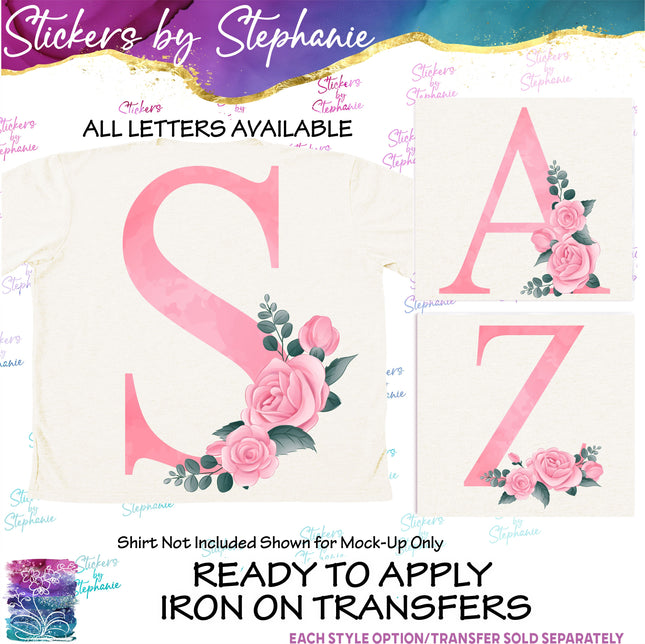 (s02-012) Pink Rose Roses Watercolor Letters Graphic Iron-On Transfer