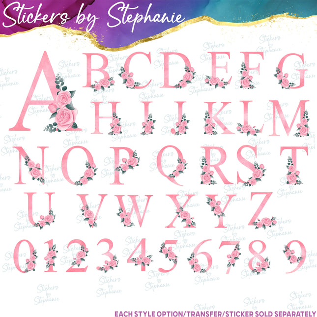 (s02-012) Pink Rose Roses Watercolor Letters Graphic Iron-On Transfer