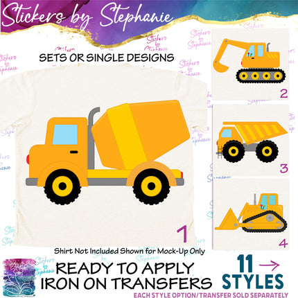 (s02-120) Yellow Construction Vehicles Graphic Iron-On Transfer or Sticker