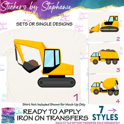 (s02-121) Construction Vehicles Graphic Iron-On Transfer or Sticker