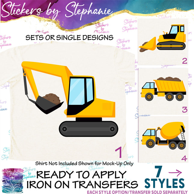 (s02-121) Construction Vehicles Graphic Iron-On Transfer or Sticker