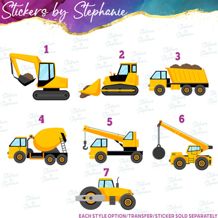 (s02-121) Construction Vehicles Graphic Iron-On Transfer or Sticker