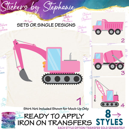 (s02-122) Pink Construction Vehicles Graphic Iron-On Transfer or Sticker