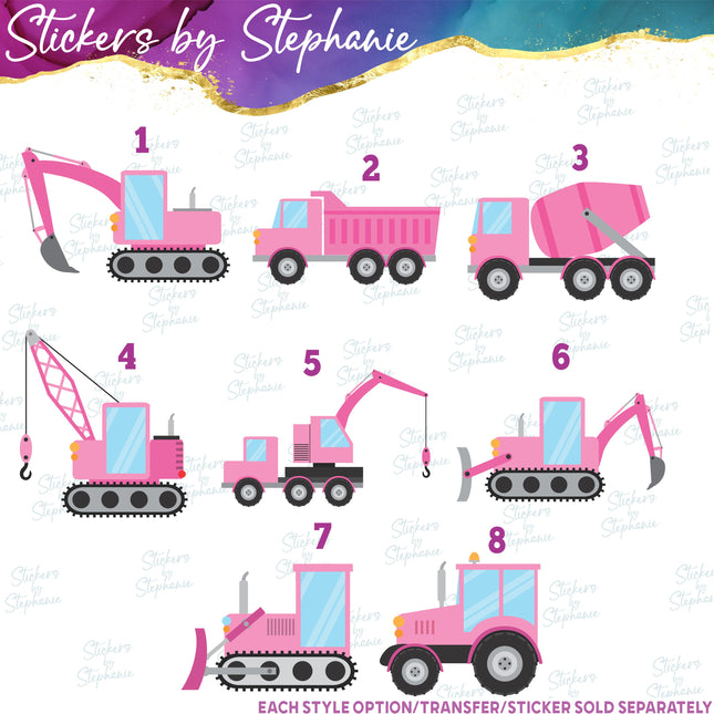 (s02-122) Pink Construction Vehicles Graphic Iron-On Transfer or Sticker