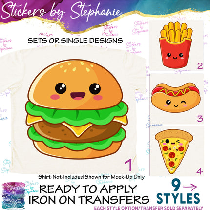 (s02-125) Kawaii Fast Food Hamburger Pizza Graphic Iron-On Transfer