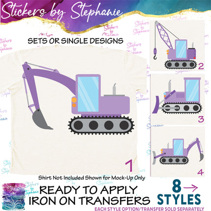 (s02-131) Purple Construction Vehicles Graphic Iron-On Transfer or Sticker