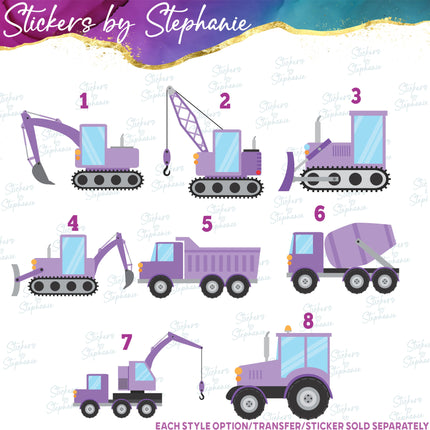 (s02-131) Purple Construction Vehicles Graphic Iron-On Transfer or Sticker