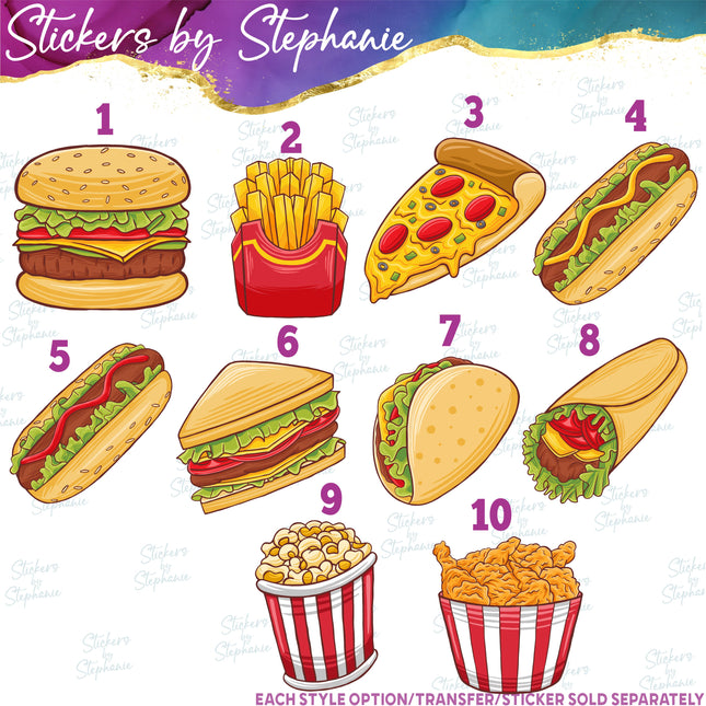 (s02-132) Fast Food Hamburger Pizze French Fries Graphic Iron-On Transfer
