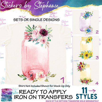(s02-136) Flowers Floral Mason Jar Graphic Iron-On Transfer or Sticker