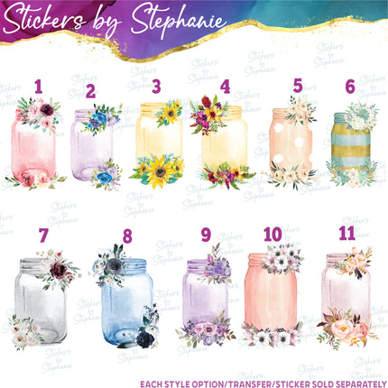 (s02-136) Flowers Floral Mason Jar Graphic Iron-On Transfer or Sticker