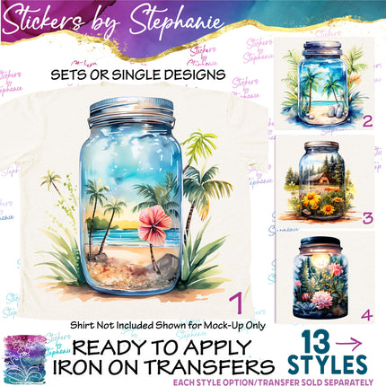 (s02-137) Summer Landscape Mason Jar Graphic Iron-On Transfer or Sticker