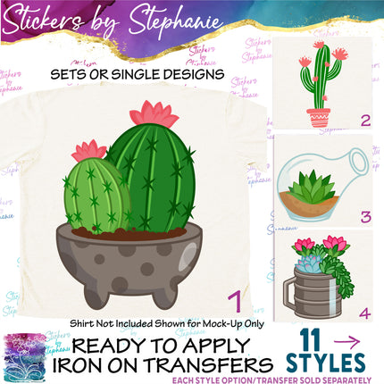 (s02-138) Cactus Succulents Illustrated Graphic Iron-On Transfer or Sticker