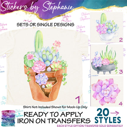 (s02-139) Succulents Cactus Flowers Watercolor Graphic Iron-On Transfer or Sticker