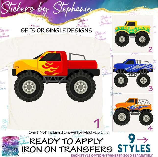 (s02-140) Colorful Monster Trucks Graphic Iron-On Transfer or Sticker