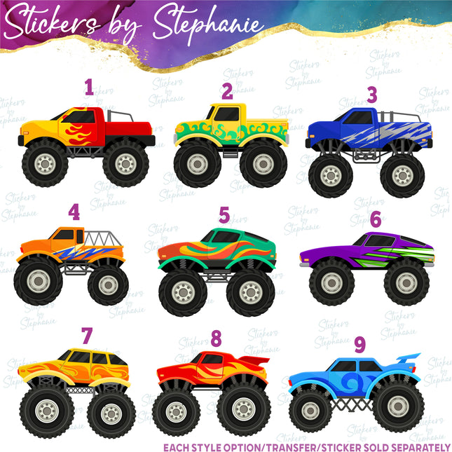 (s02-140) Colorful Monster Trucks Graphic Iron-On Transfer or Sticker