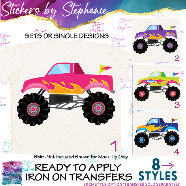 (s02-141) Pink Purple Monster Trucks Graphic Iron-On Transfer
