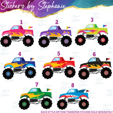 (s02-141) Pink Purple Monster Trucks Graphic Iron-On Transfer or Sticker