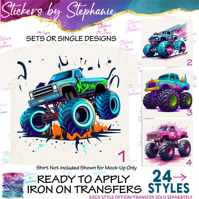 (s02-142) Colorful Monster Trucks Graphic Iron-On Transfer or Sticker