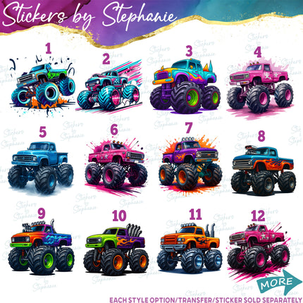 (s02-142) Colorful Monster Trucks Graphic Iron-On Transfer or Sticker