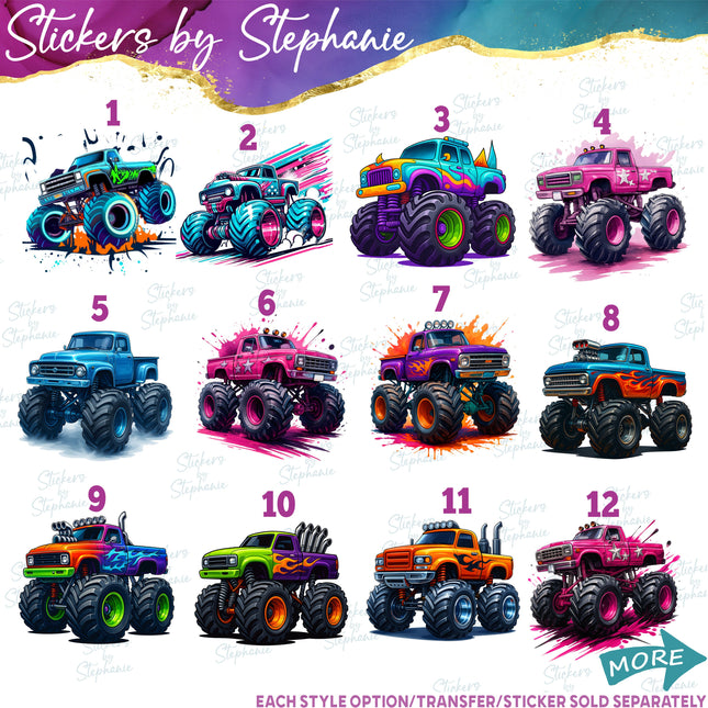(s02-142) Colorful Monster Trucks Graphic Iron-On Transfer or Sticker