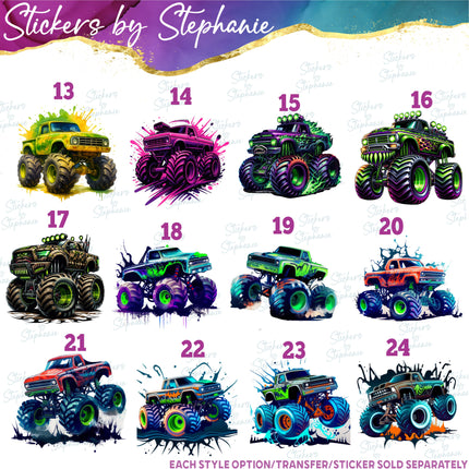 (s02-142) Colorful Monster Trucks Graphic Iron-On Transfer or Sticker