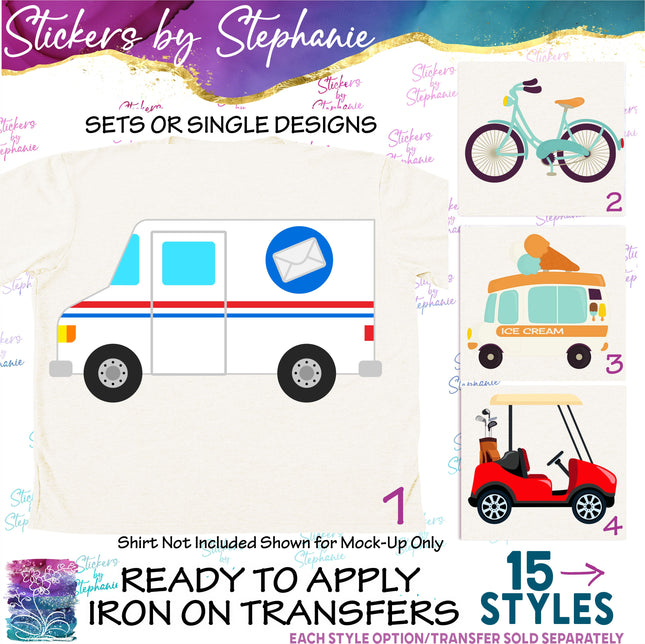 (s02-143) Mail Truck Ice Cream Bicycle Delivery Graphic Iron-On Transfer