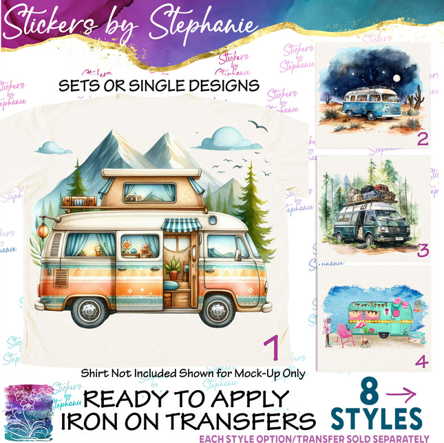 (s02-144) Camper Van Trailer Camping Graphic Iron-On Transfer or Sticker