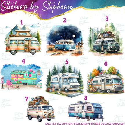 (s02-144) Camper Van Trailer Camping Graphic Iron-On Transfer or Sticker