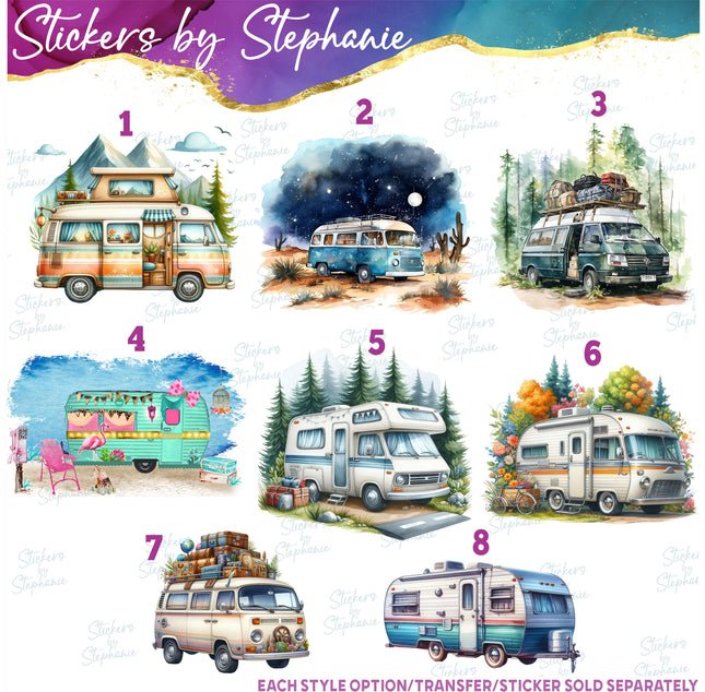 (s02-144) Camper Van Trailer Camping Graphic Iron-On Transfer or Sticker