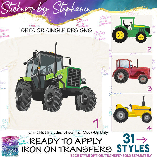(s02-146) Farm Tractor Blue Green Red Yellow Graphic Iron-On Transfer