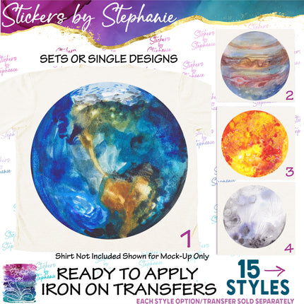 (s02-148) Watercolor Planets Sun Moon Earth Graphic Iron-On Transfer