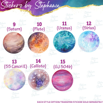 (s02-148) Watercolor Planets Sun Moon Earth Graphic Iron-On Transfer